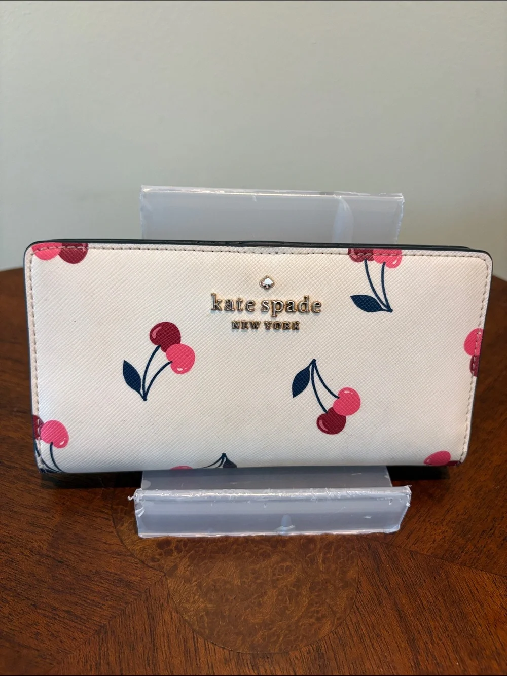 kate spade Wallet long wallet bifold Cream/Pink Red & Blue Cherry Motif goldtone